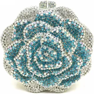 Women Round Rose Flower Crystal Evening Clutch Elegant Rhinestone Bride Purse Party Prom Wedding Handbag