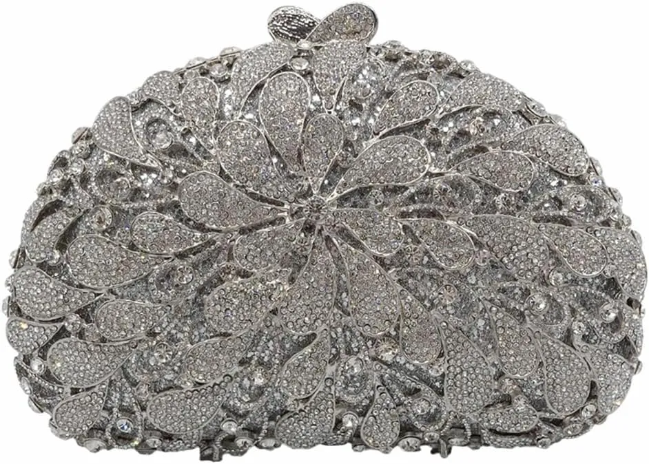 Women Sparkly Crystal Rhinestone Clutch Purse Flower Evening Bag Wedding Bridal Purse Handbag for Party Prom Cocktail