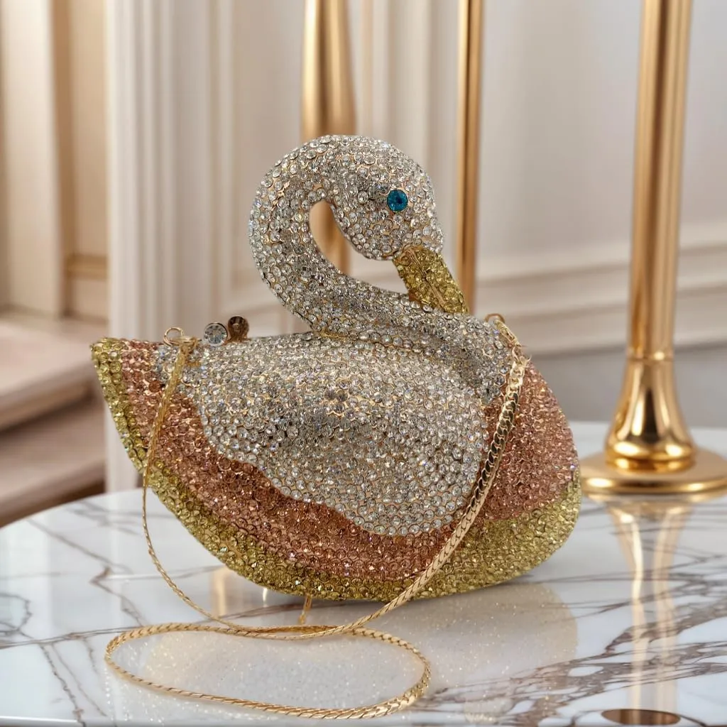 Women Swan Rhinestone Evening Bag Glitter Crystal Clutch Purse Elegant Handbag for Wedding Engagement Date
