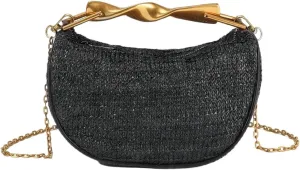 Women Top Handle Straw Clutch Purse Trendy Evening Bag with Detachable Chain for Beach Vacation Wedding Party