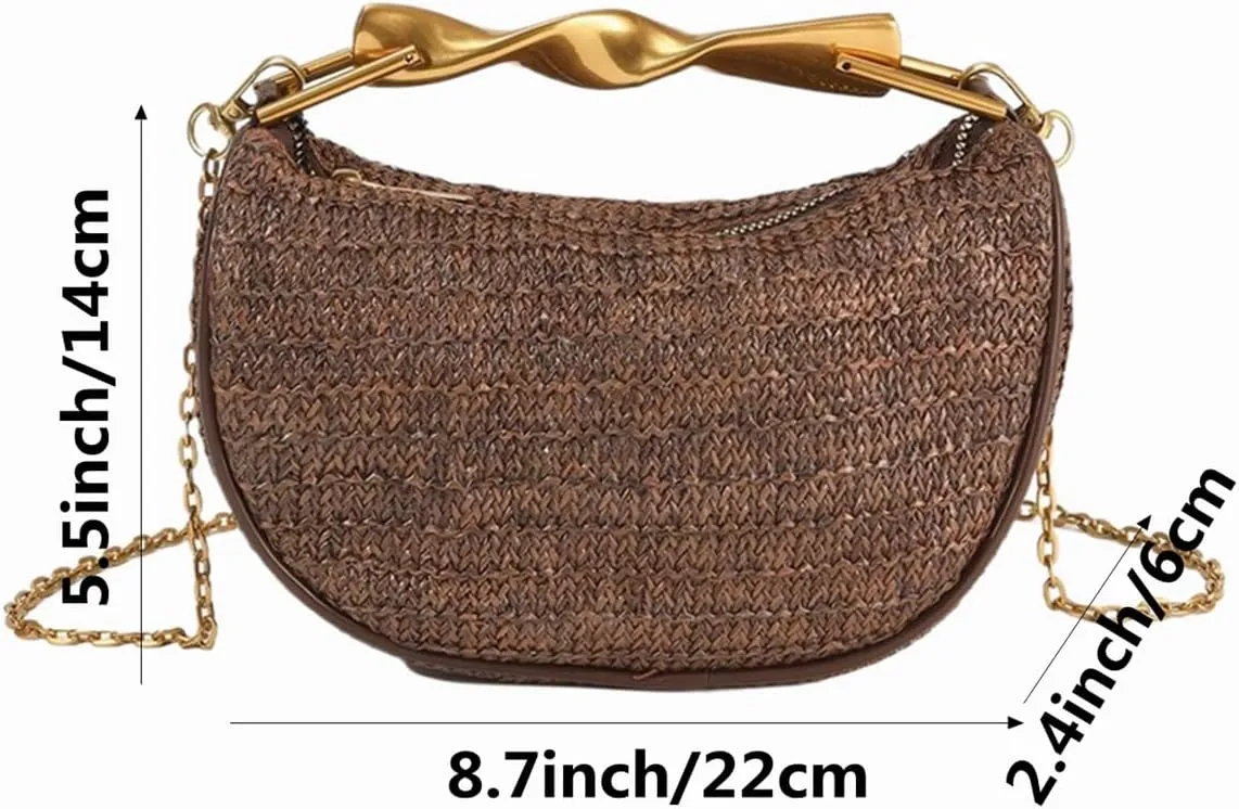 Women Top Handle Straw Clutch Purse Trendy Evening Bag with Detachable Chain for Beach Vacation Wedding Party