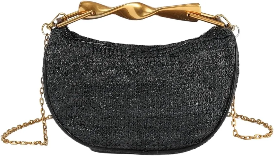 Women Top Handle Straw Clutch Purse Trendy Evening Bag with Detachable Chain for Beach Vacation Wedding Party