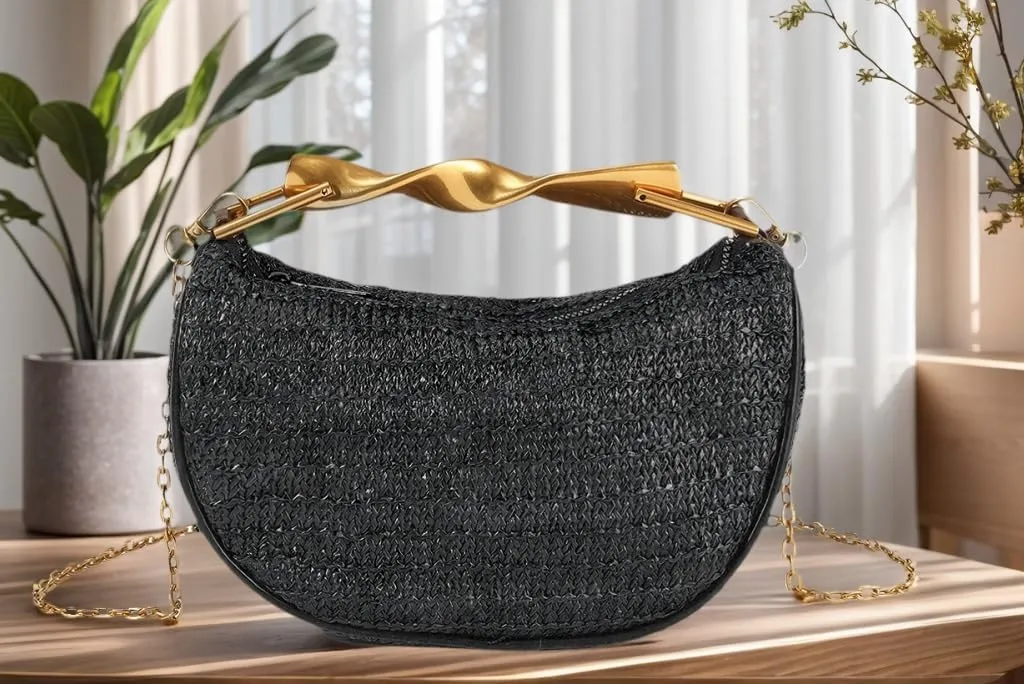 Women Top Handle Straw Clutch Purse Trendy Evening Bag with Detachable Chain for Beach Vacation Wedding Party