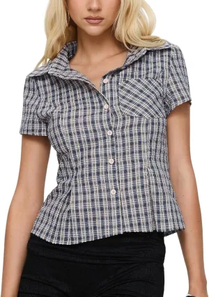 Women Y2k Short Sleeve Button Down Shirts Coquette V Neck Collared Crop Tops Vintage Slim Fit Going Out Blouse