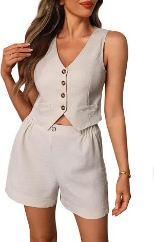 Women's 2 Piece Work Office Outfit Elegant V Neck Button Up Blazer Vest and Pants Set