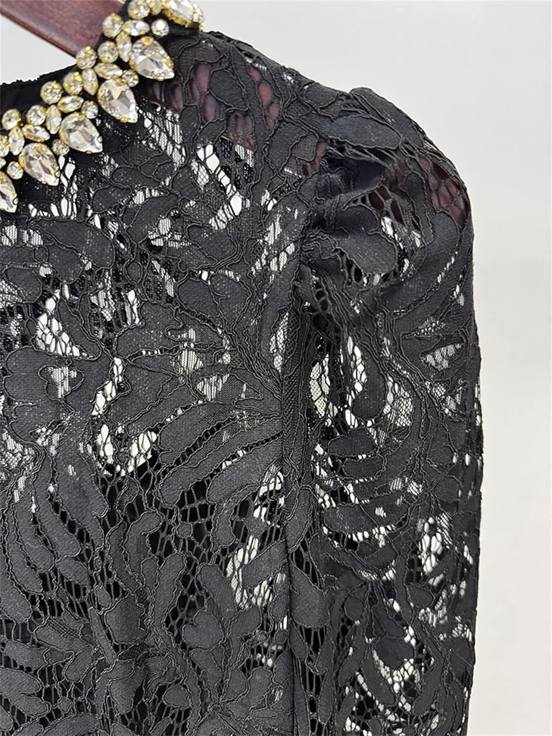 Women's 2025 Designer Lace Dress Beaded Diamond Long Sleeve Round Neck Slim Female Midi Elegant Dresses