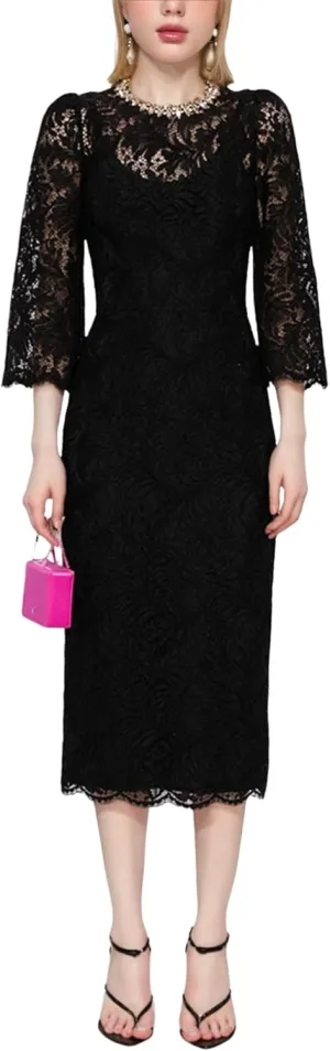 Women's 2025 Designer Lace Dress Beaded Diamond Long Sleeve Round Neck Slim Female Midi Elegant Dresses