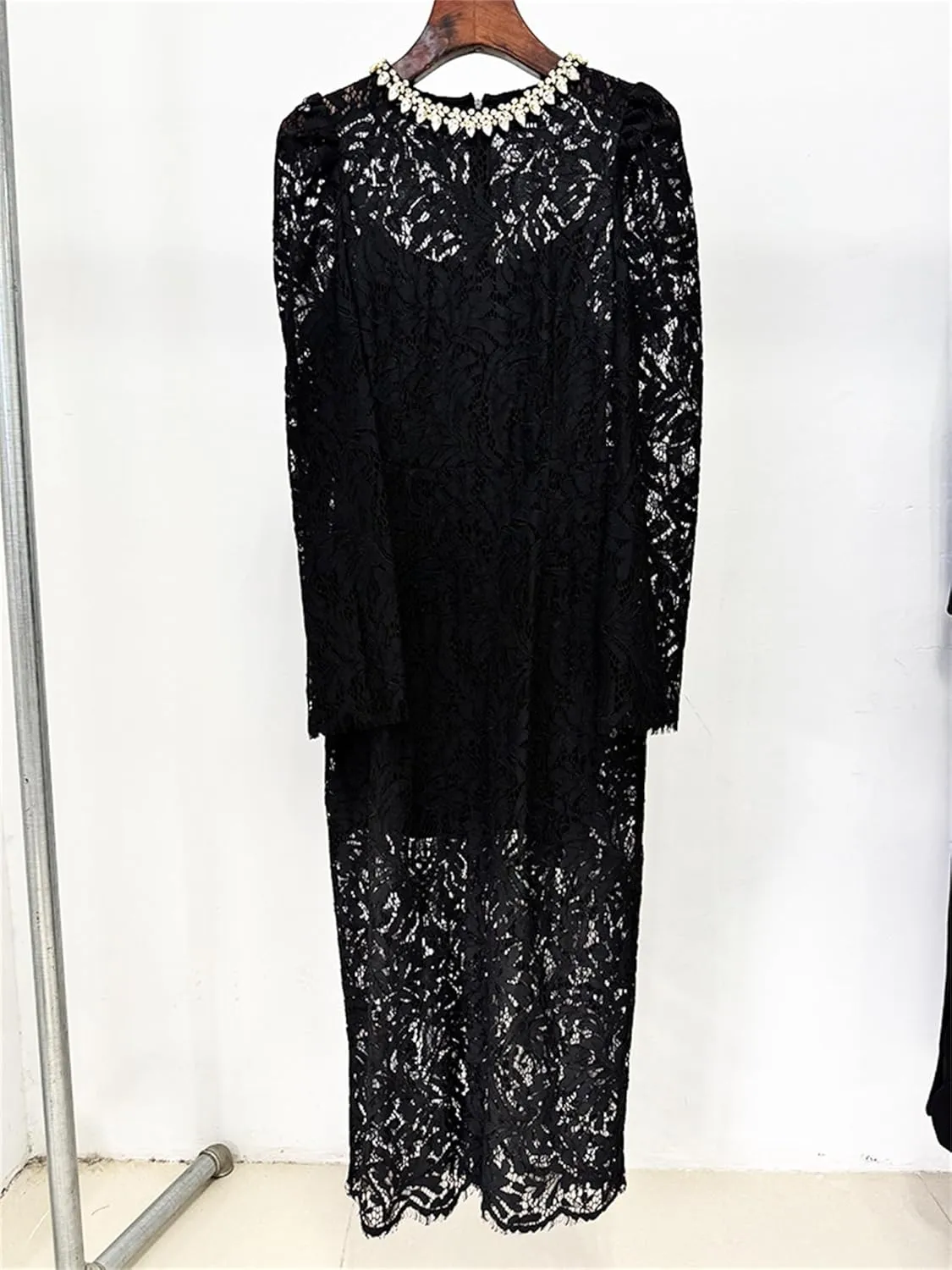 Women's 2025 Designer Lace Dress Beaded Diamond Long Sleeve Round Neck Slim Female Midi Elegant Dresses