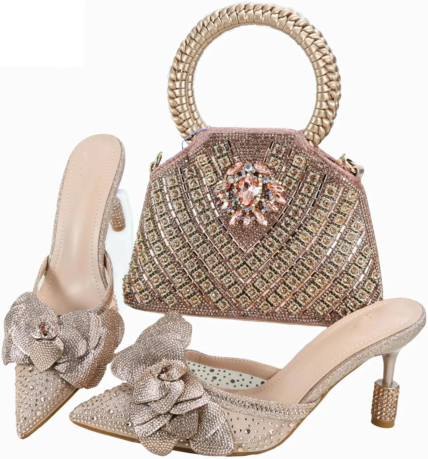 Womens African Themed Sparkly Evening Shoes and Clutch Set Crystal Accented High Heels for Special Occasions