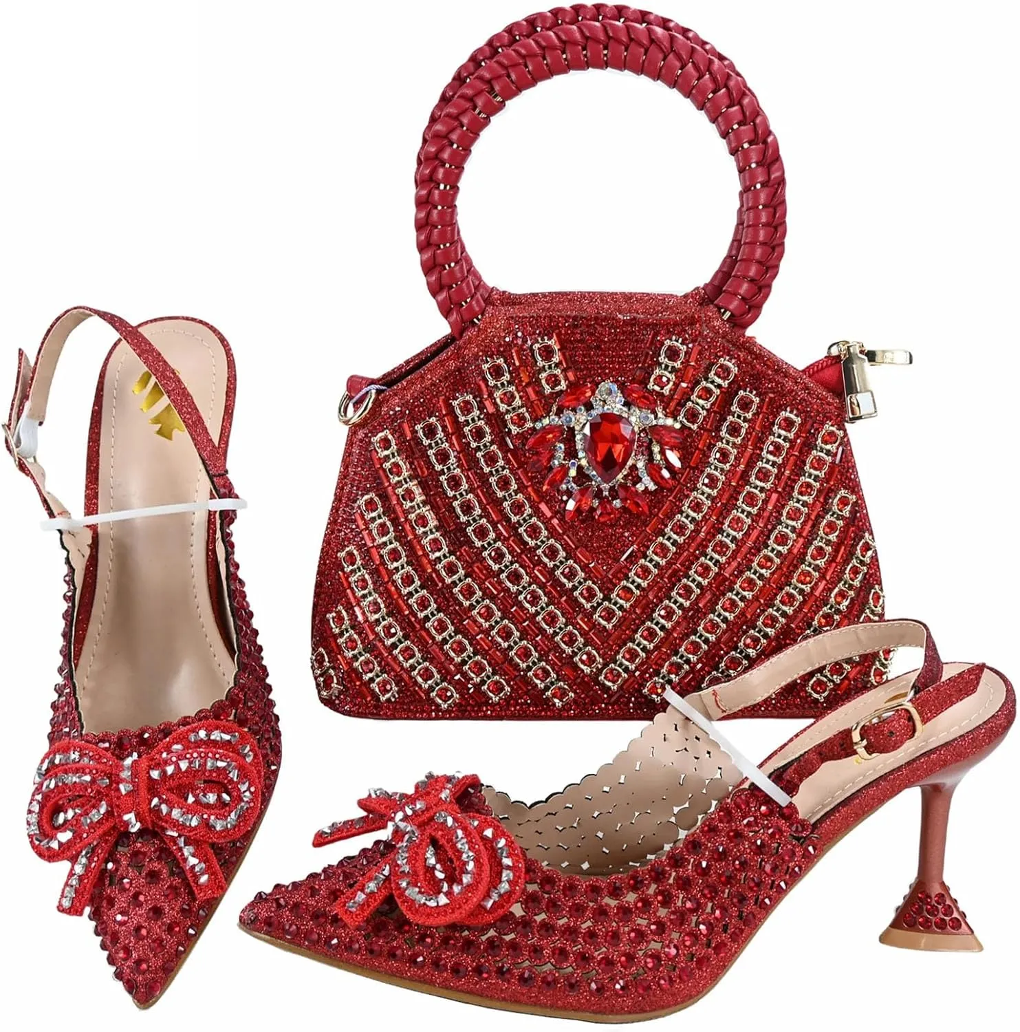 Womens African Themed Sparkly Evening Shoes and Clutch Set Crystal Accented High Heels for Special Occasions