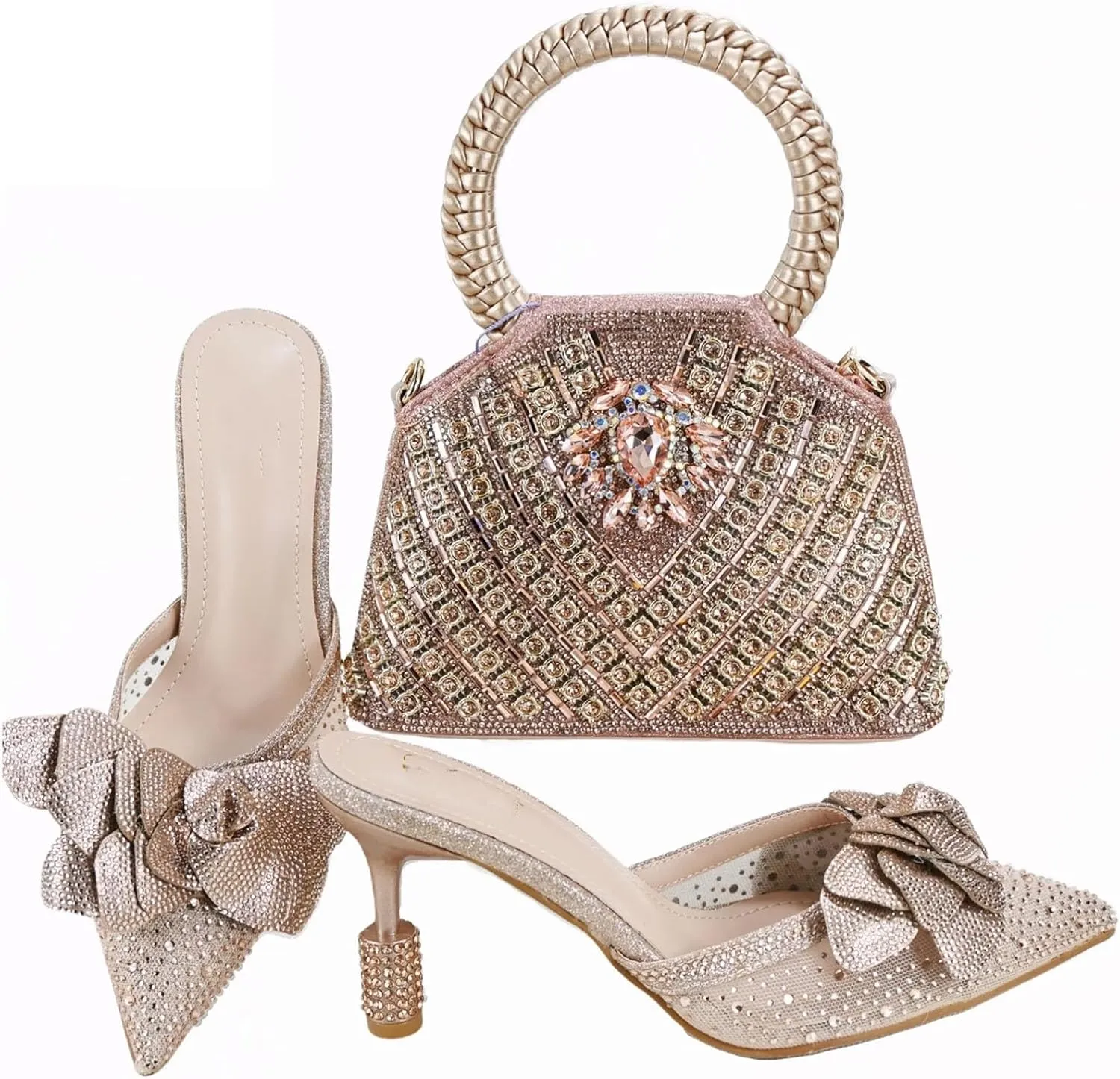 Womens African Themed Sparkly Evening Shoes and Clutch Set Crystal Accented High Heels for Special Occasions