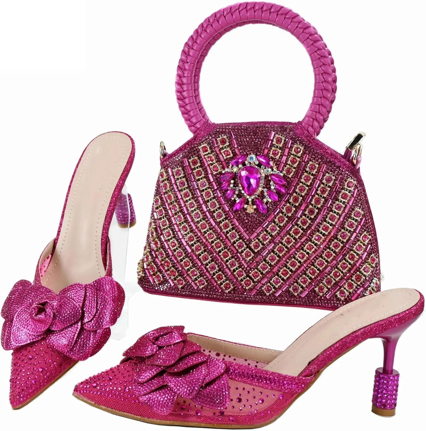 Womens African Themed Sparkly Evening Shoes and Clutch Set Crystal Accented High Heels for Special Occasions