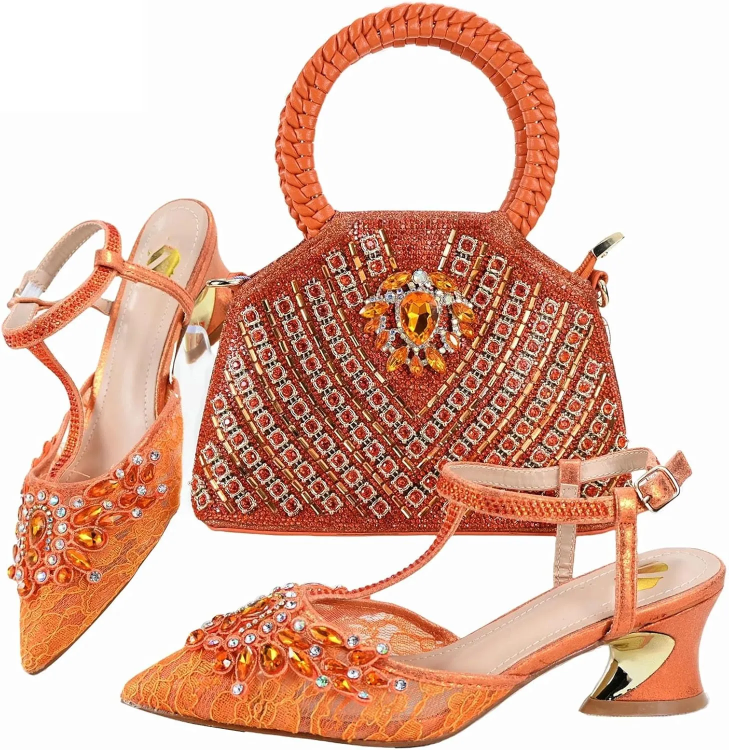 Womens African Themed Sparkly Evening Shoes and Clutch Set Crystal Accented High Heels for Special Occasions