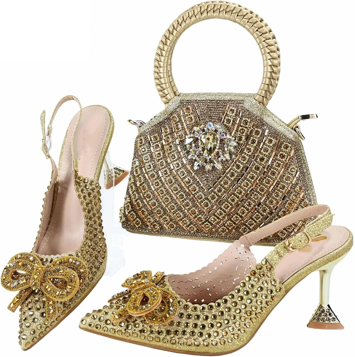Womens African Themed Sparkly Evening Shoes and Clutch Set Crystal Accented High Heels for Special Occasions