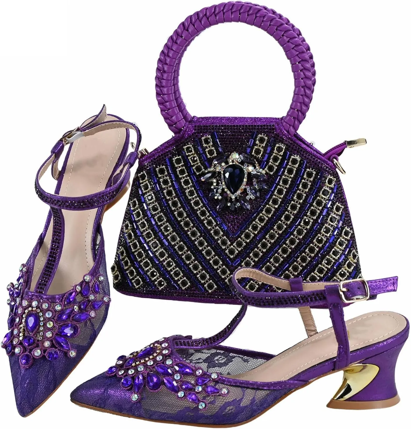 Womens African Themed Sparkly Evening Shoes and Clutch Set Crystal Accented High Heels for Special Occasions