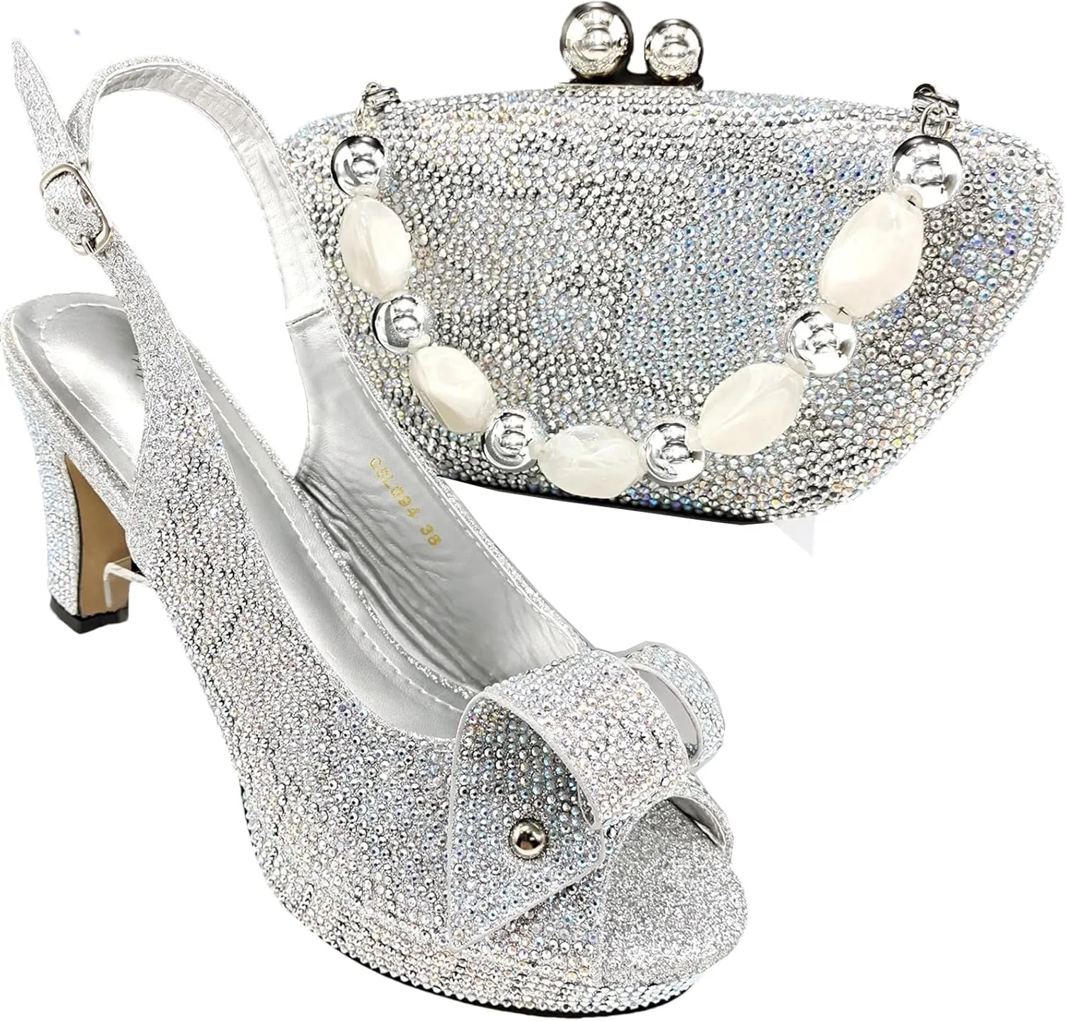 Women’s African Themed Sparkly Evening Shoes and Shoulder Bag Combo Crystal Decorated High Heels for Special