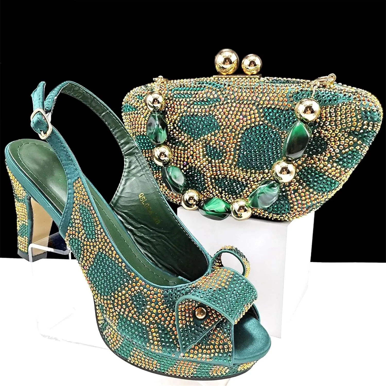 Women’s African Themed Sparkly Evening Shoes and Shoulder Bag Combo Crystal Decorated High Heels for Special