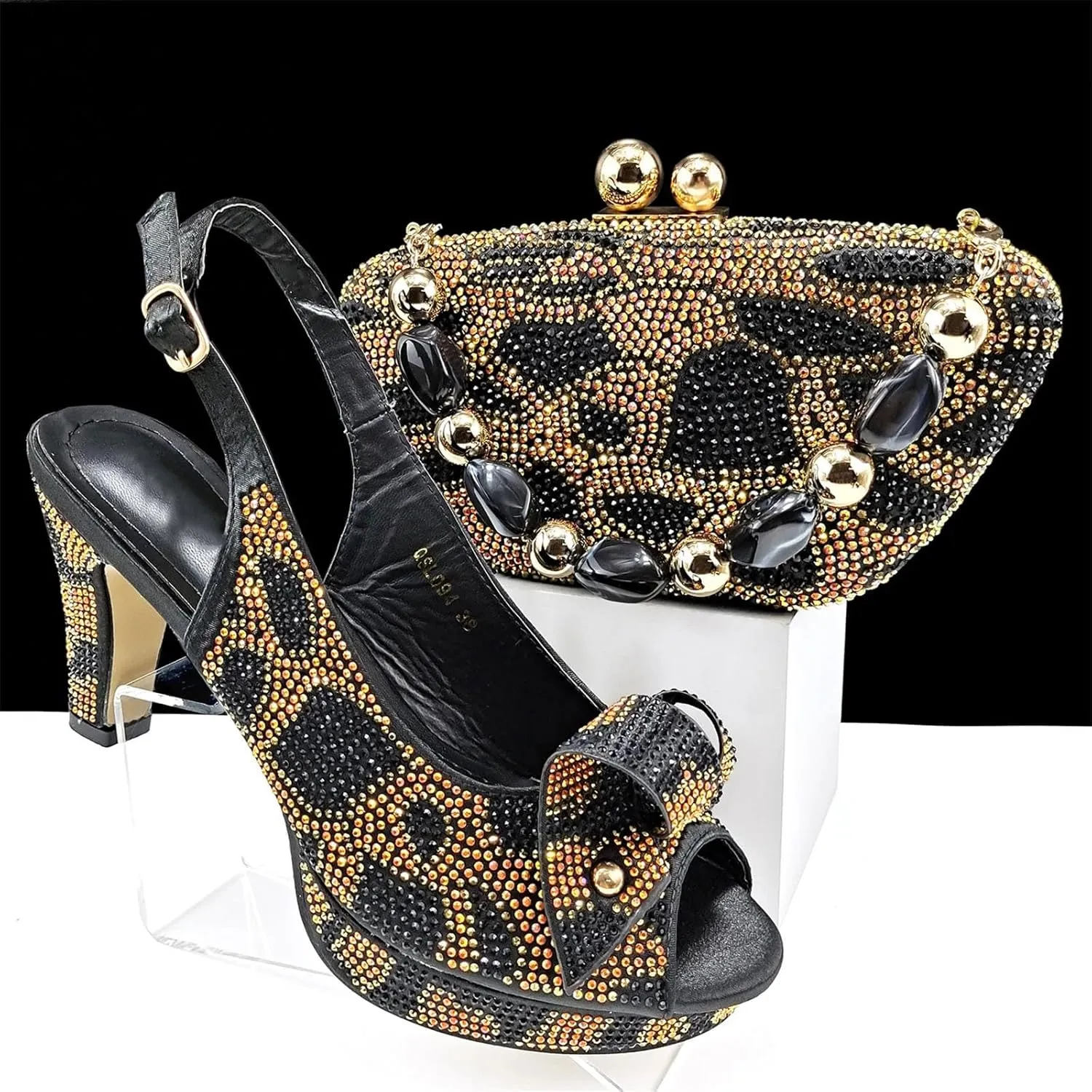 Women’s African Themed Sparkly Evening Shoes and Shoulder Bag Combo Crystal Decorated High Heels for Special