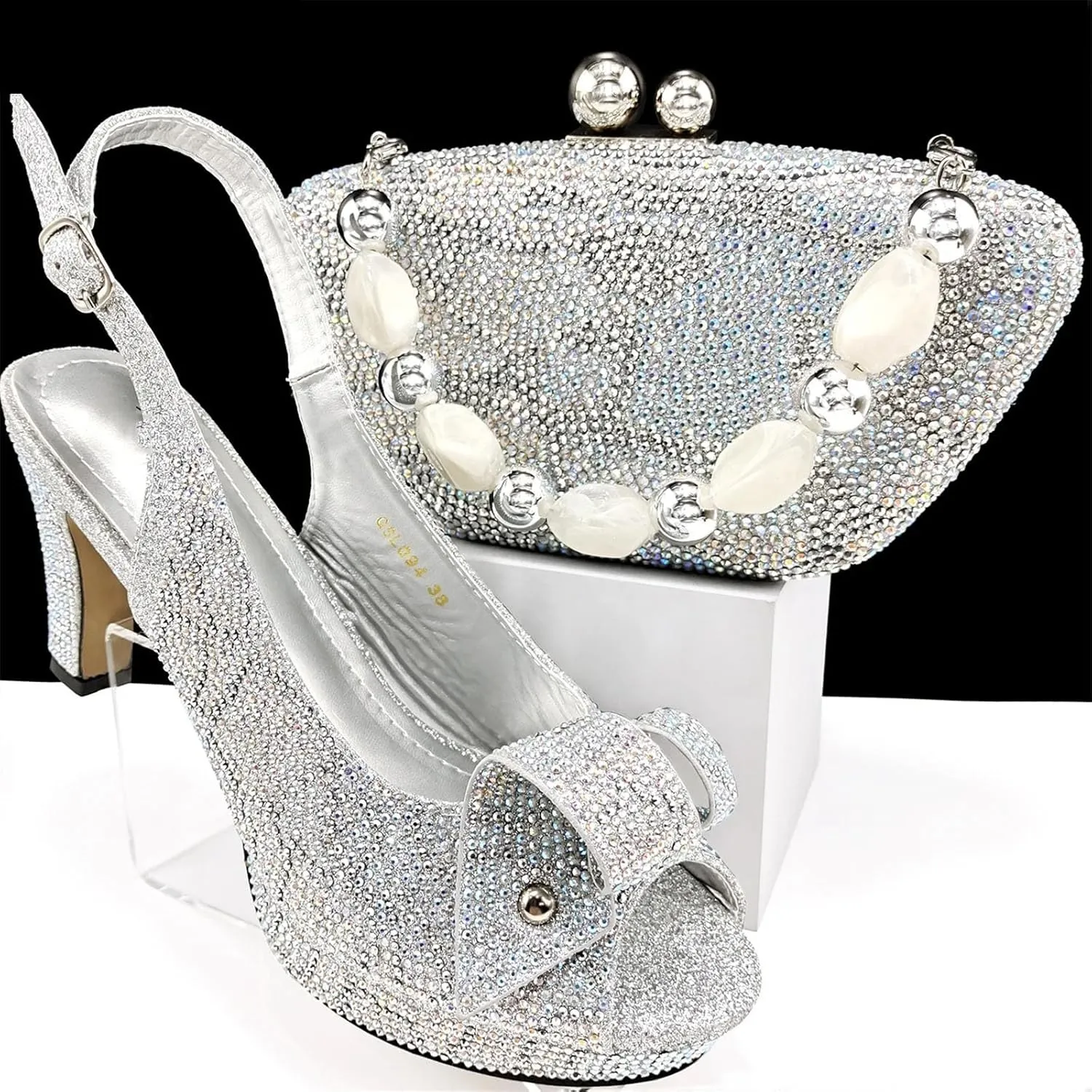 Women’s African Themed Sparkly Evening Shoes and Shoulder Bag Combo Crystal Decorated High Heels for Special