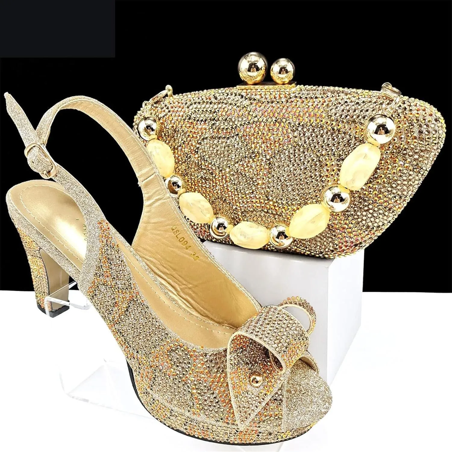 Women’s African Themed Sparkly Evening Shoes and Shoulder Bag Combo Crystal Decorated High Heels for Special
