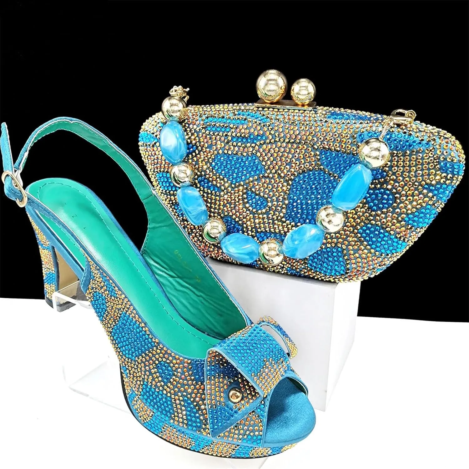 Women’s African Themed Sparkly Evening Shoes and Shoulder Bag Combo Crystal Decorated High Heels for Special