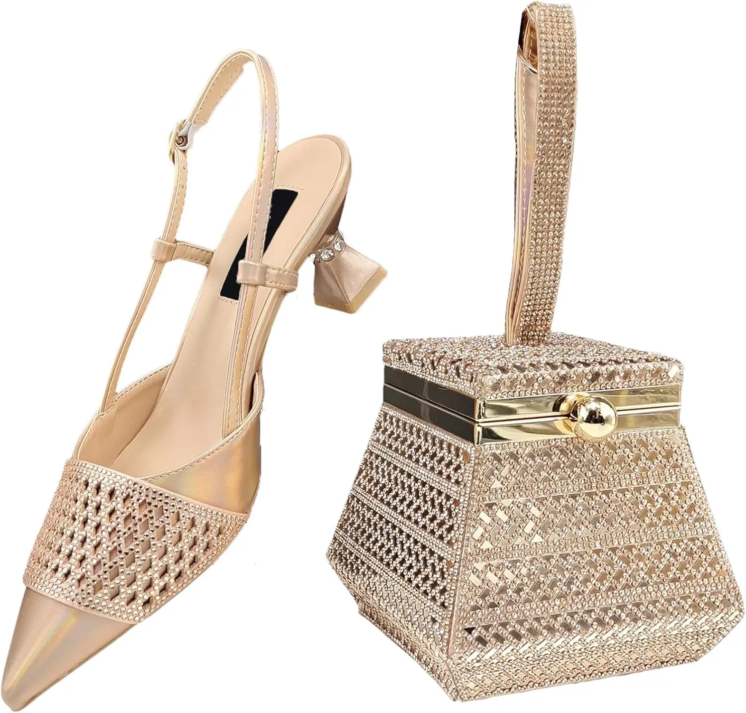 Womens African Themed Sparkly Evening Shoes and Shoulder Bag Set Crystal Decorated High Heels for