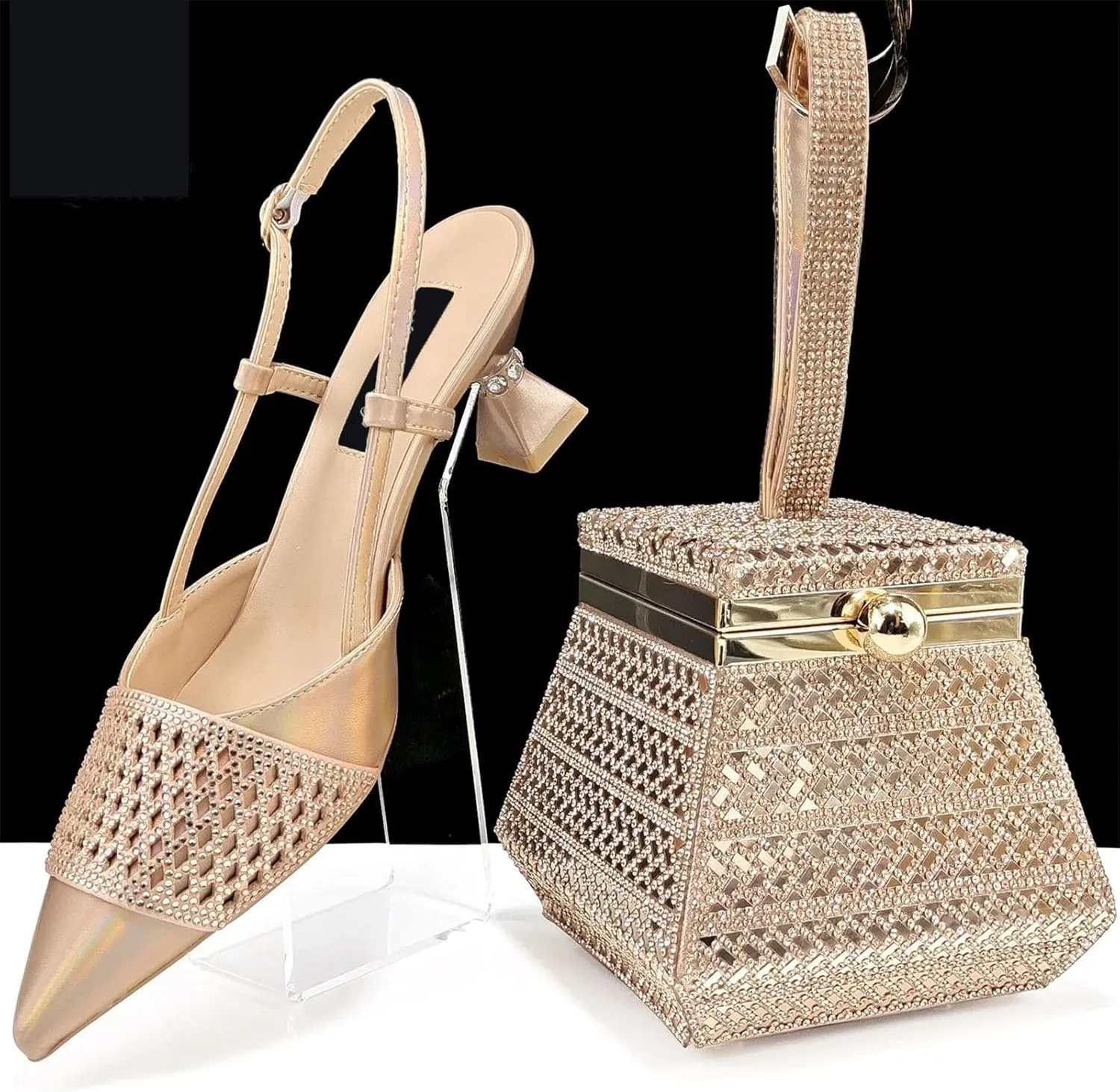 Womens African Themed Sparkly Evening Shoes and Shoulder Bag Set Crystal Decorated High Heels for