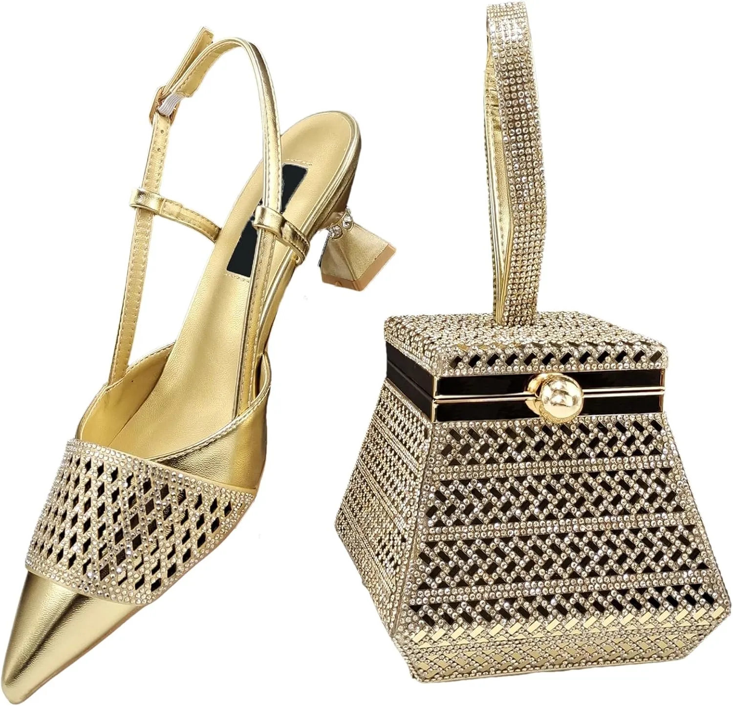 Womens African Themed Sparkly Evening Shoes and Shoulder Bag Set Crystal Decorated High Heels for