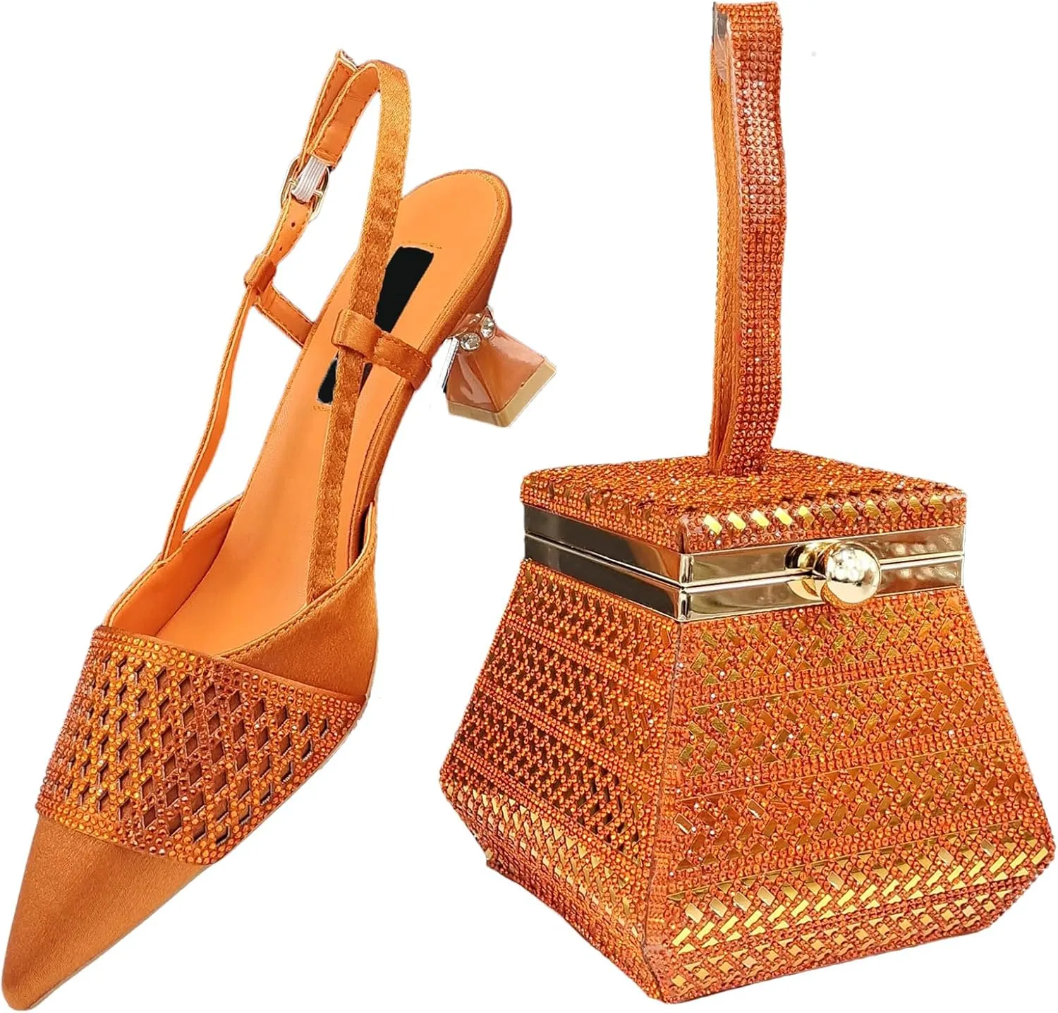 Womens African Themed Sparkly Evening Shoes and Shoulder Bag Set Crystal Decorated High Heels for