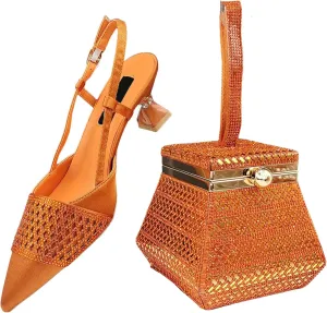 Womens African Themed Sparkly Evening Shoes and Shoulder Bag Set Crystal Decorated High Heels for