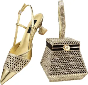 Womens African Themed Sparkly Evening Shoes and Shoulder Bag Set Crystal Decorated High Heels for