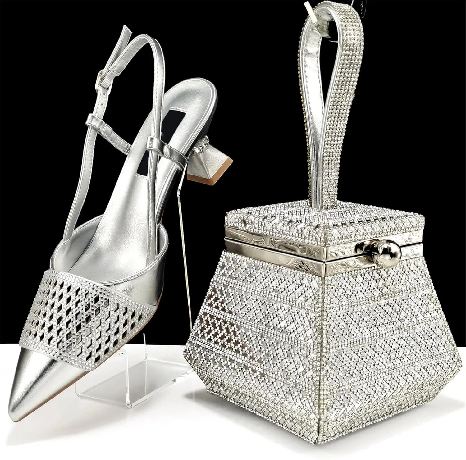 Womens African Themed Sparkly Evening Shoes and Shoulder Bag Set Crystal Decorated High Heels for