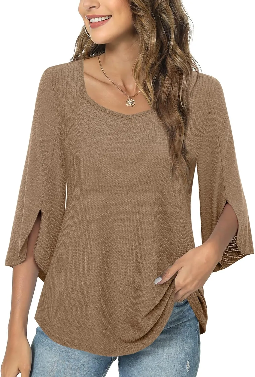 Womens Blouses Dressy Casual 3/4 Length Sleeve Square Neck Tops Sweetheart Neckline Shirts Tunic Tops Loose Fit