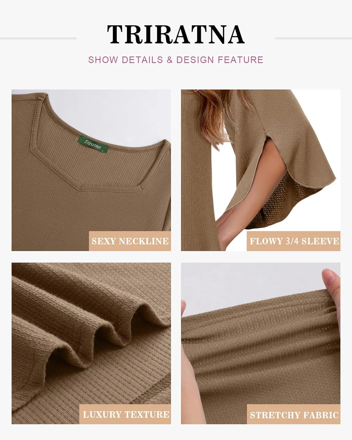Womens Blouses Dressy Casual 3/4 Length Sleeve Square Neck Tops Sweetheart Neckline Shirts Tunic Tops Loose Fit