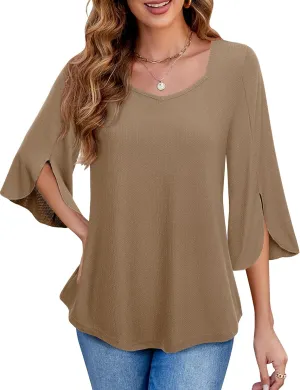 Womens Blouses Dressy Casual 3/4 Length Sleeve Square Neck Tops Sweetheart Neckline Shirts Tunic Tops Loose Fit