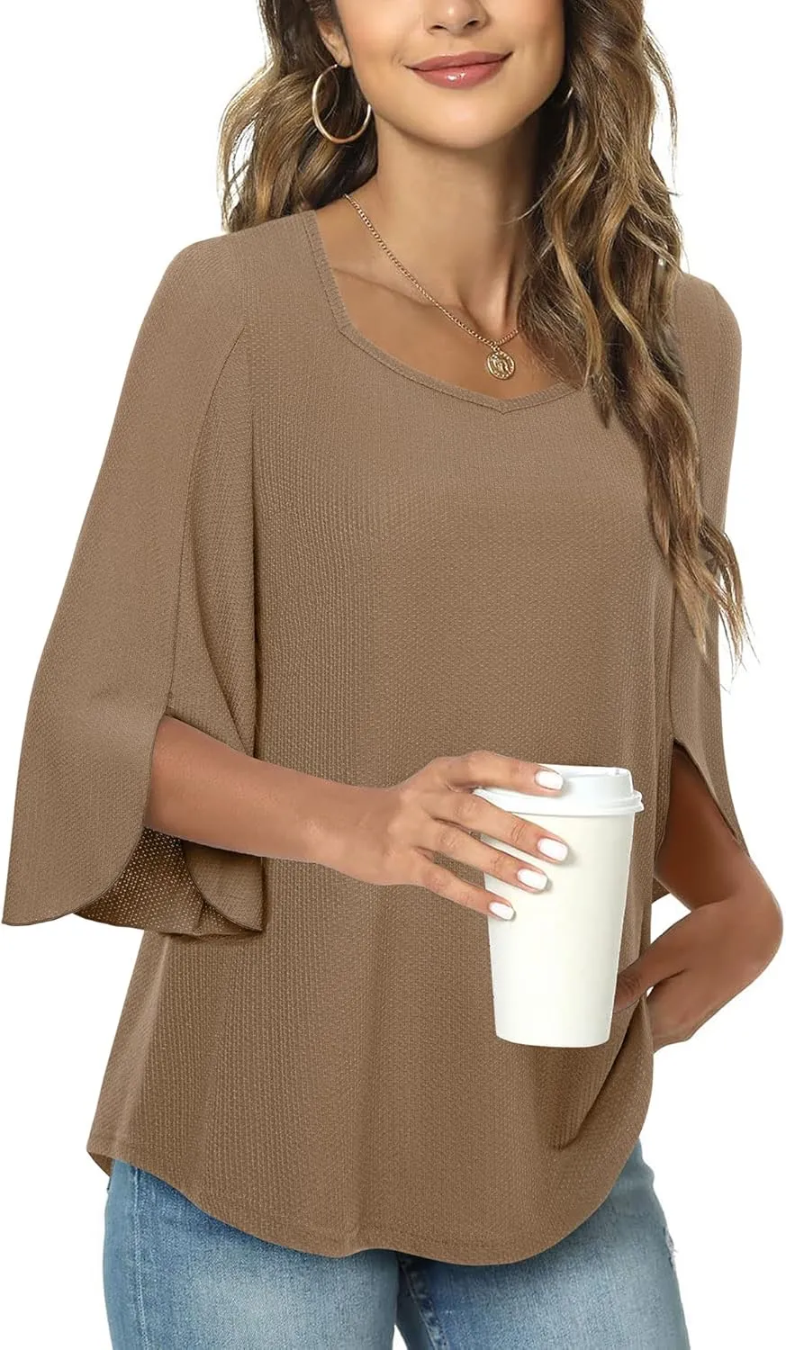 Womens Blouses Dressy Casual 3/4 Length Sleeve Square Neck Tops Sweetheart Neckline Shirts Tunic Tops Loose Fit