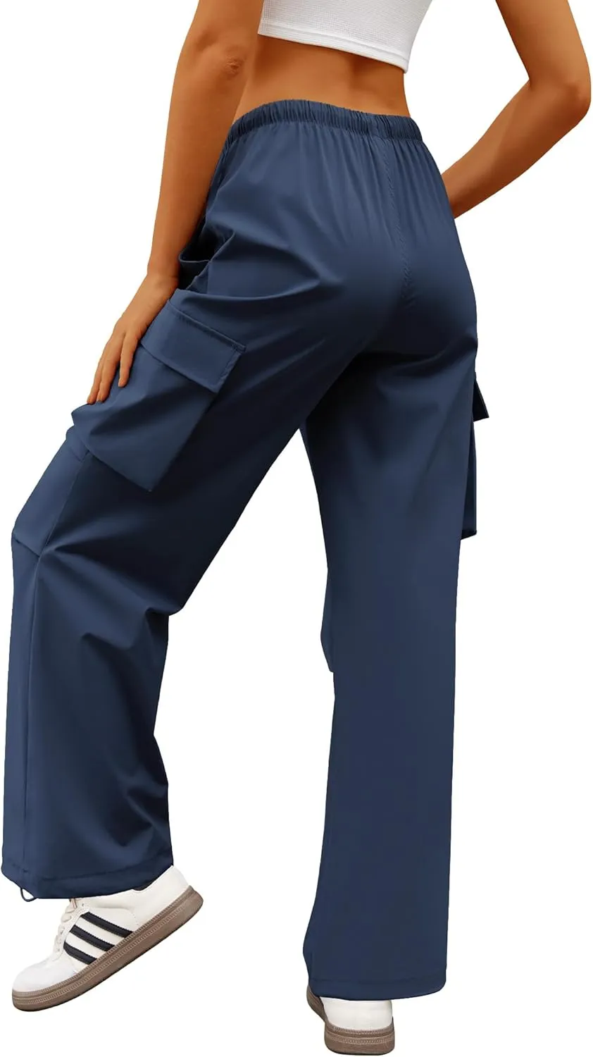 Womens Cargo Pants Elastic Waist Wide Leg Parachute Pants with 4 Pockets Baggy Hiking Trousers Travel Y2K Waterproof