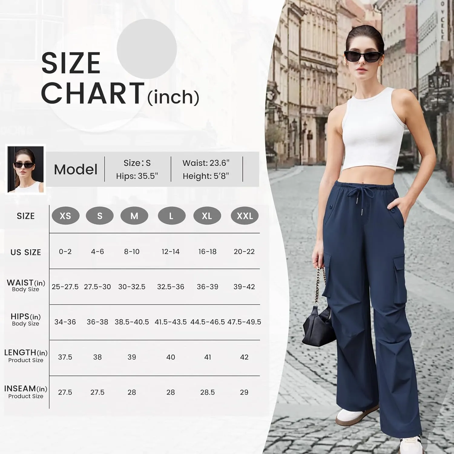 Womens Cargo Pants Elastic Waist Wide Leg Parachute Pants with 4 Pockets Baggy Hiking Trousers Travel Y2K Waterproof