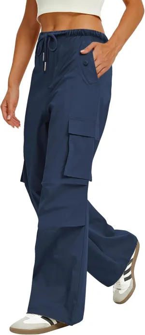 Womens Cargo Pants Elastic Waist Wide Leg Parachute Pants with 4 Pockets Baggy Hiking Trousers Travel Y2K Waterproof