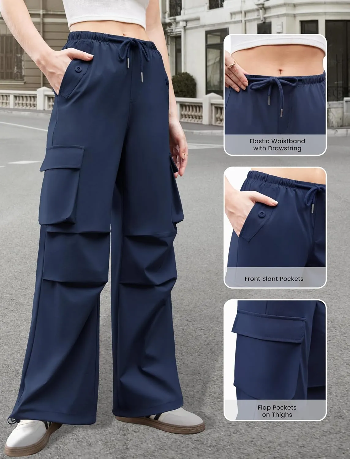 Womens Cargo Pants Elastic Waist Wide Leg Parachute Pants with 4 Pockets Baggy Hiking Trousers Travel Y2K Waterproof