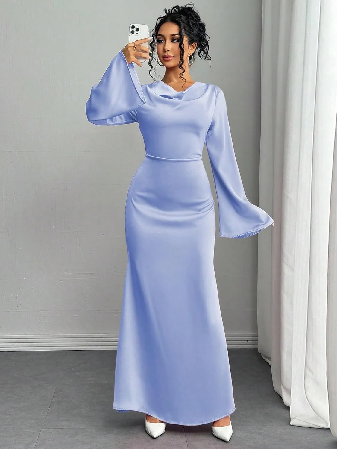 Womens Casual Satin Maxi Hem Neck Tie Back Sleeve Elegant Dress for Women Maxi Dresses