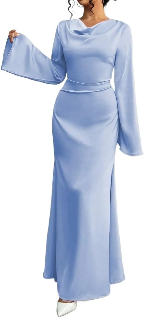 Womens Casual Satin Maxi Hem Neck Tie Back Sleeve Elegant Dress for Women Maxi Dresses