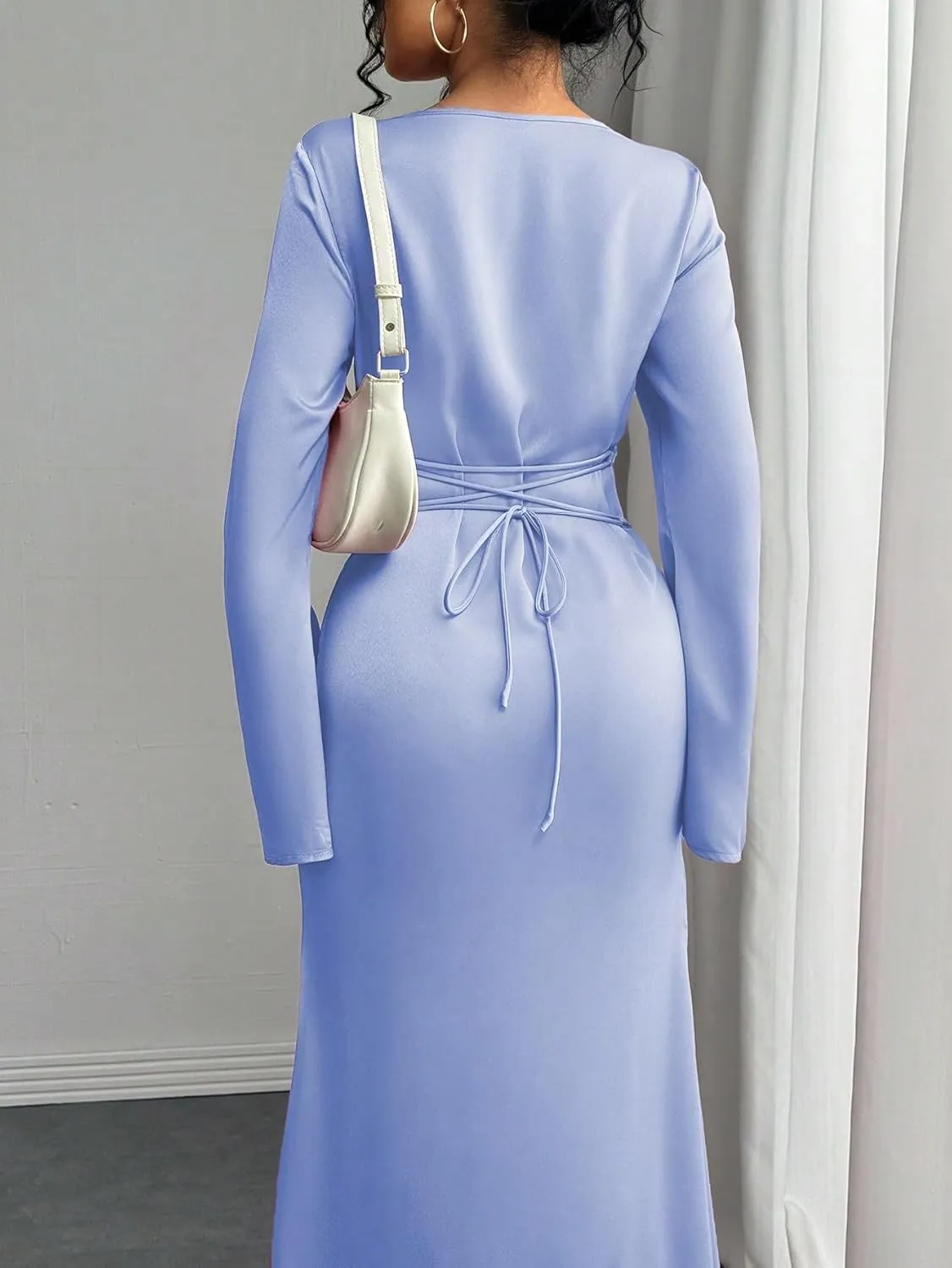 Womens Casual Satin Maxi Hem Neck Tie Back Sleeve Elegant Dress for Women Maxi Dresses