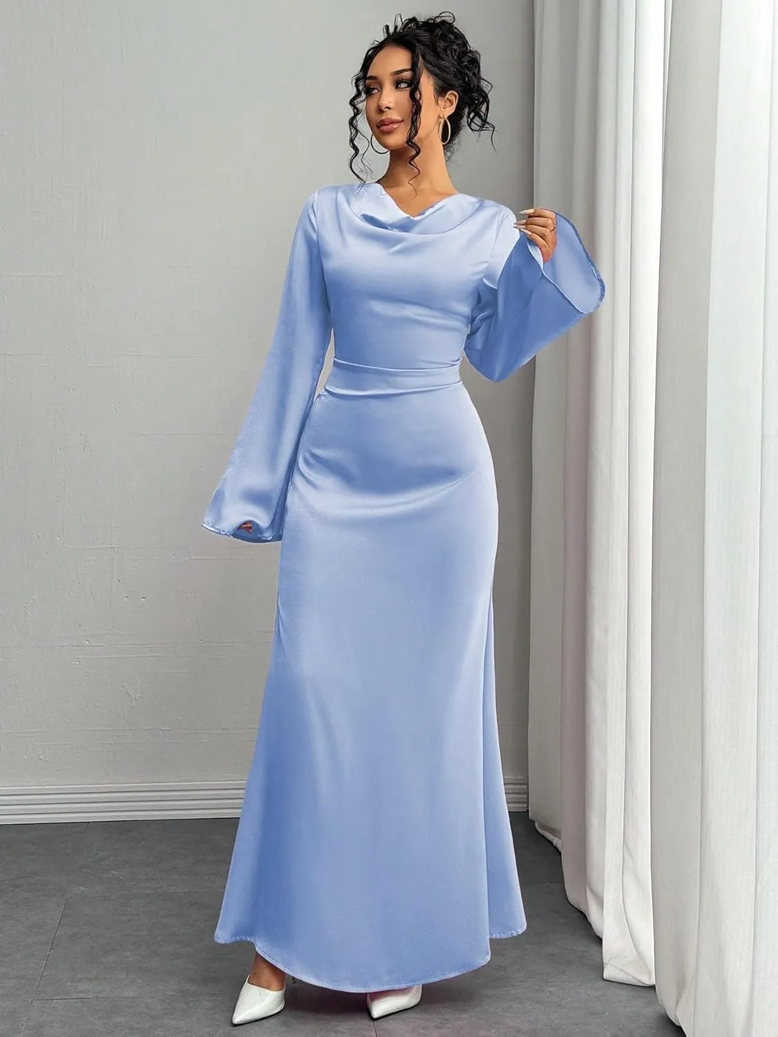 Womens Casual Satin Maxi Hem Neck Tie Back Sleeve Elegant Dress for Women Maxi Dresses