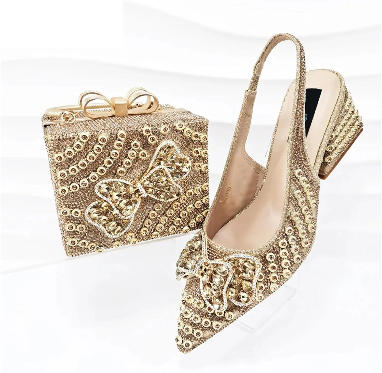 Womens Elegant Crystal Accented Wedding Shoes and Shoulder Bag Set Luxury Heels for Formal Dinners and Occasions