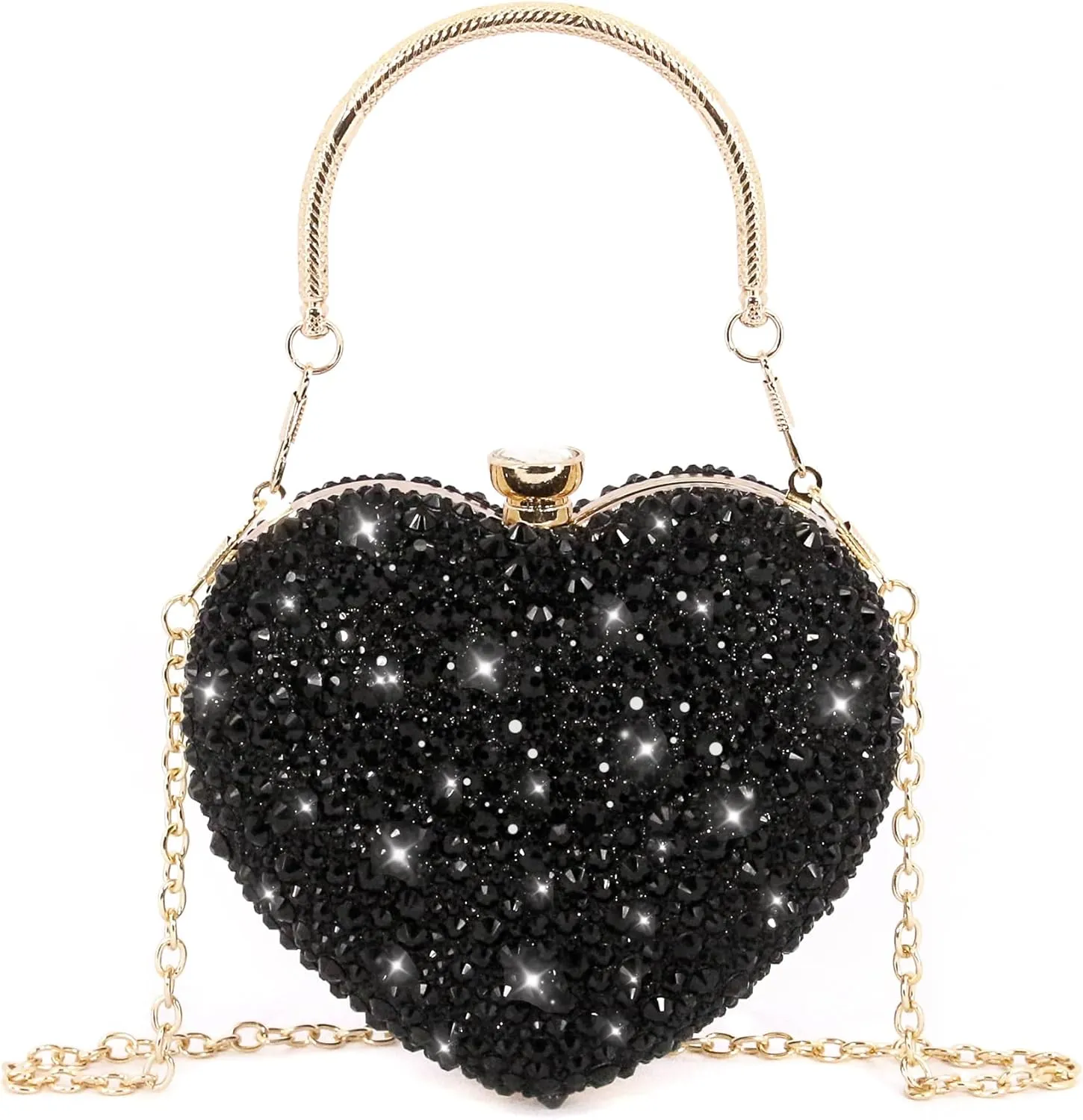 Womens Elegant Heart Type Evening Bag Shiny Rhinestone Clutch Purse Party Wedding Prom Handbag Chain Shoulder Bag