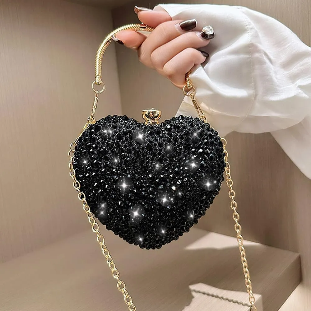 Womens Elegant Heart Type Evening Bag Shiny Rhinestone Clutch Purse Party Wedding Prom Handbag Chain Shoulder Bag