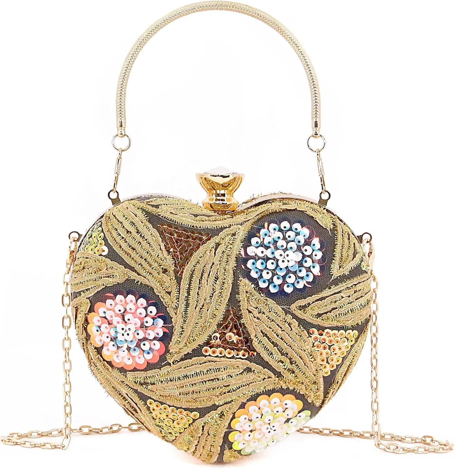 Womens Elegant Heart Type Evening Bag Shiny Rhinestone Clutch Purse Party Wedding Prom Handbag Chain Shoulder Bag