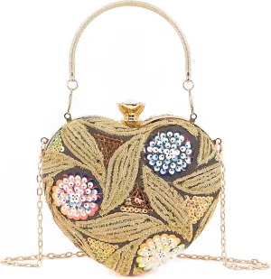 Womens Elegant Heart Type Evening Bag Shiny Rhinestone Clutch Purse Party Wedding Prom Handbag Chain Shoulder Bag