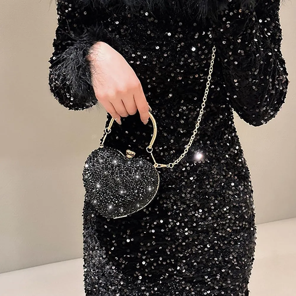 Womens Elegant Heart Type Evening Bag Shiny Rhinestone Clutch Purse Party Wedding Prom Handbag Chain Shoulder Bag